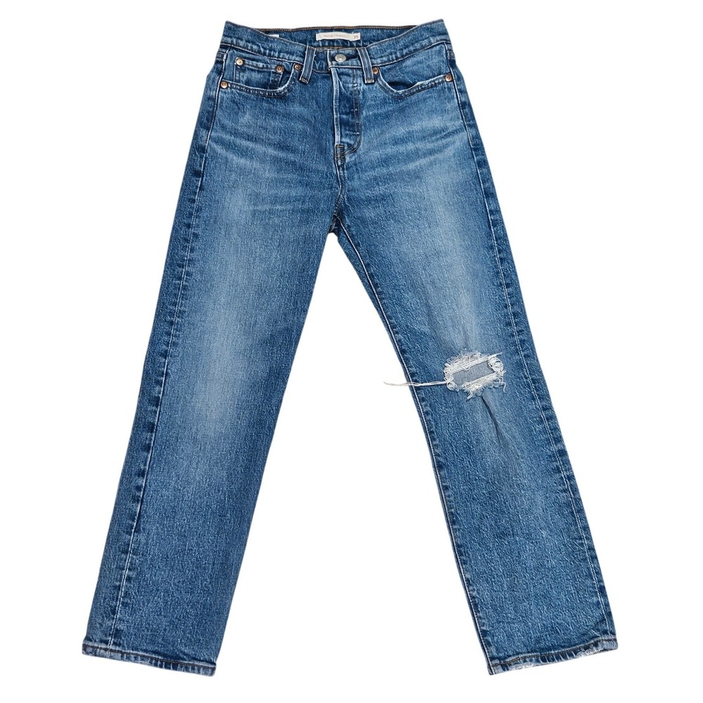 Levis‎ Premium Wedgie Straight Jeans Womens 25 Medium Wash Distressed Blue Denim